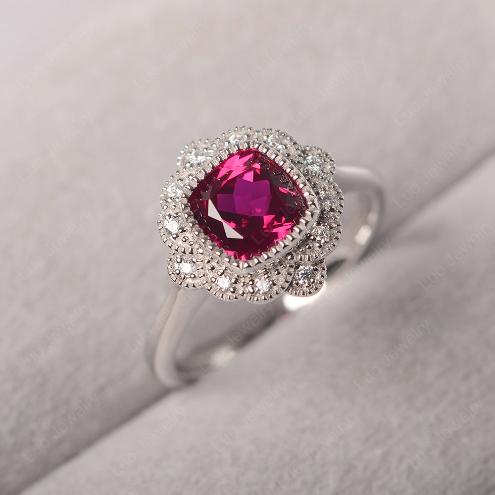 Cushion Cut Flower Ruby Ring Bezel Set - LUO Jewelry