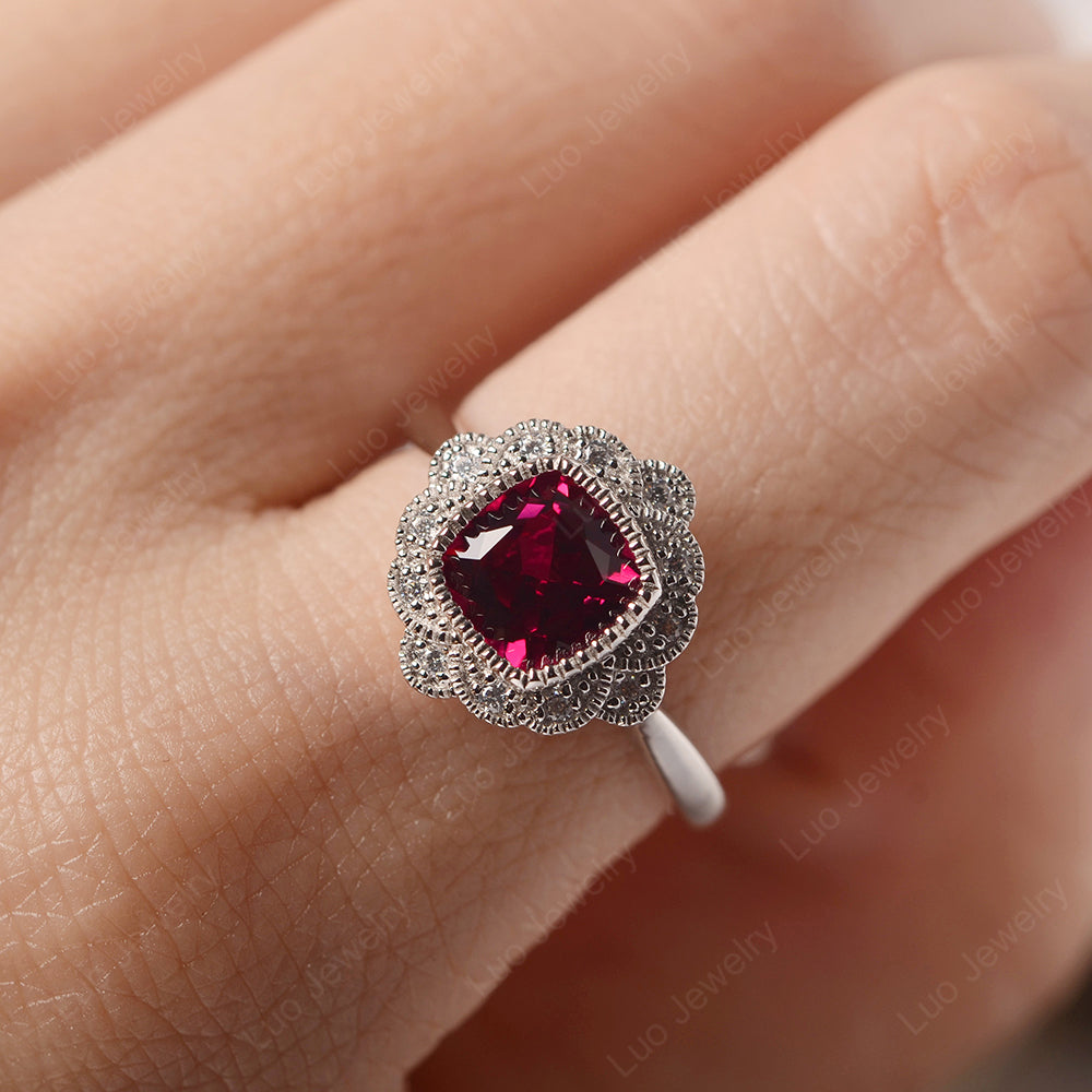 Cushion Cut Flower Ruby Ring Bezel Set - LUO Jewelry