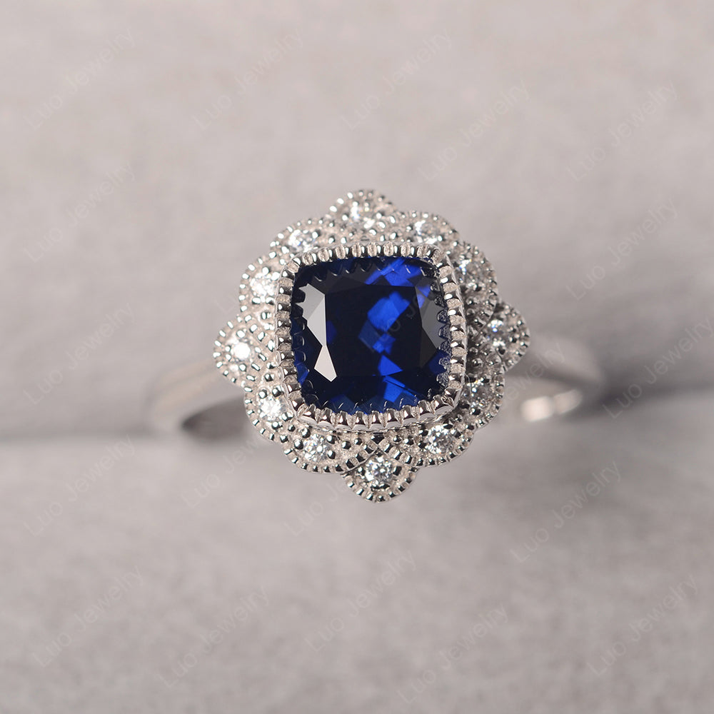 Cushion Cut Flower Lab Sapphire Ring Bezel Set - LUO Jewelry