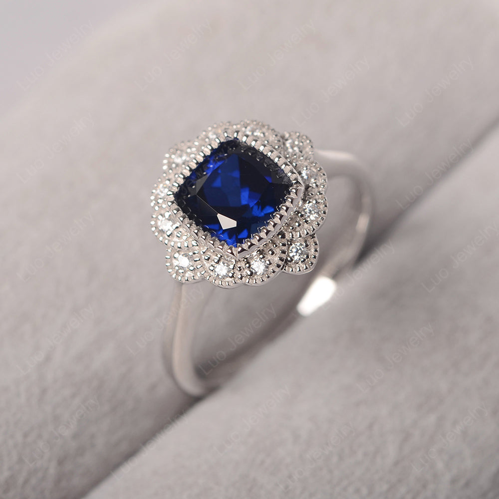 Cushion Cut Flower Lab Sapphire Ring Bezel Set - LUO Jewelry