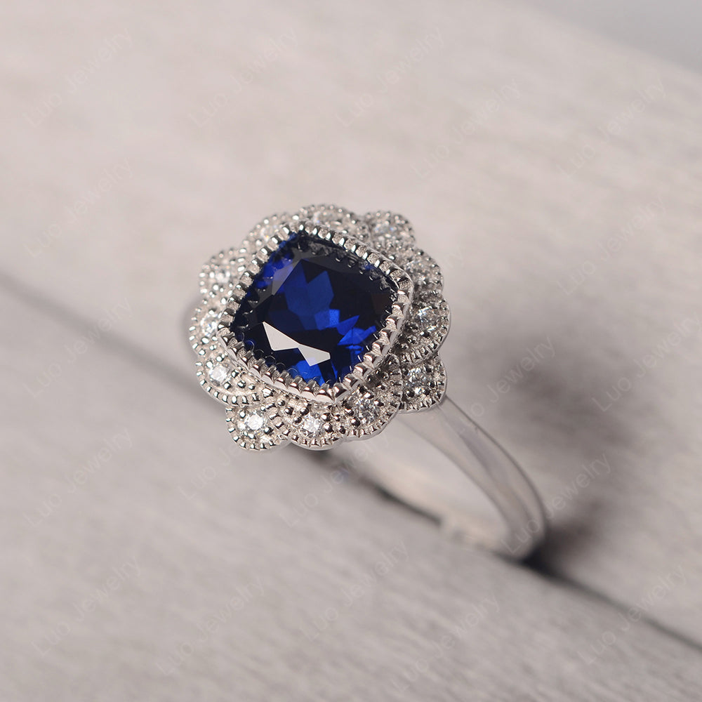 Cushion Cut Flower Lab Sapphire Ring Bezel Set - LUO Jewelry