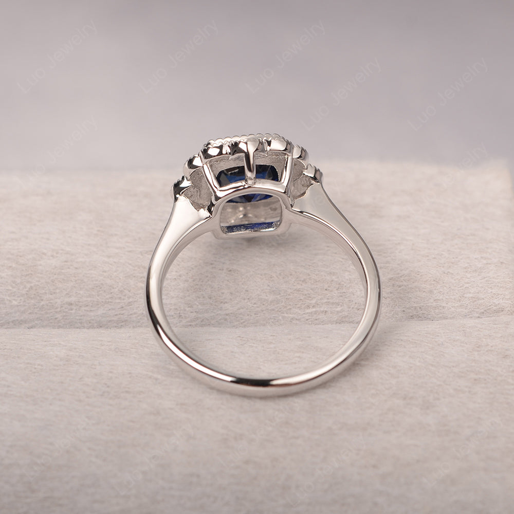 Cushion Cut Flower Lab Sapphire Ring Bezel Set - LUO Jewelry