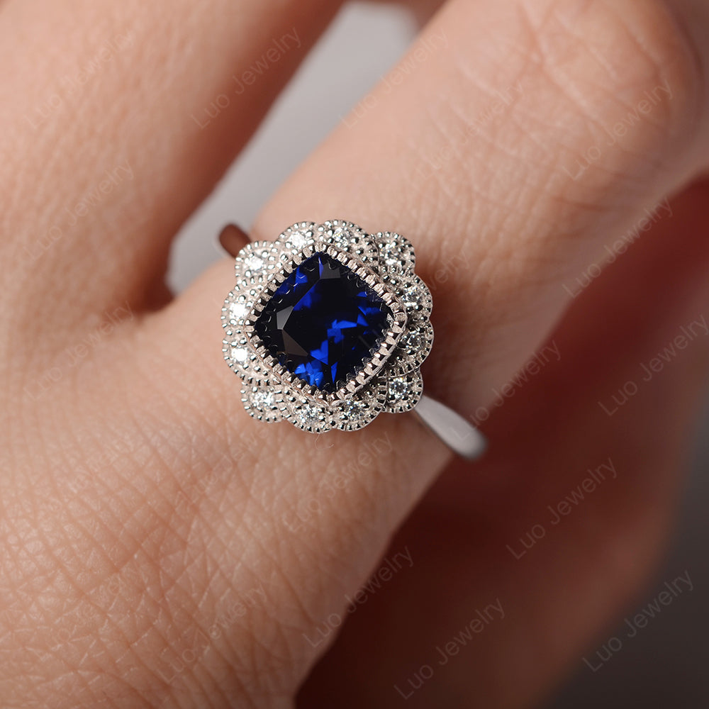 Cushion Cut Flower Lab Sapphire Ring Bezel Set - LUO Jewelry