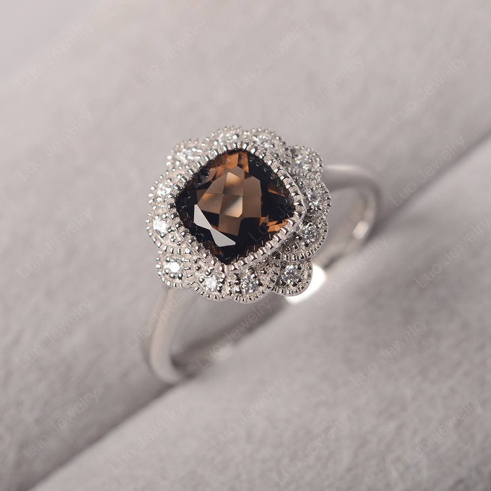 Cushion Cut Flower Smoky Quartz  Ring Bezel Set - LUO Jewelry