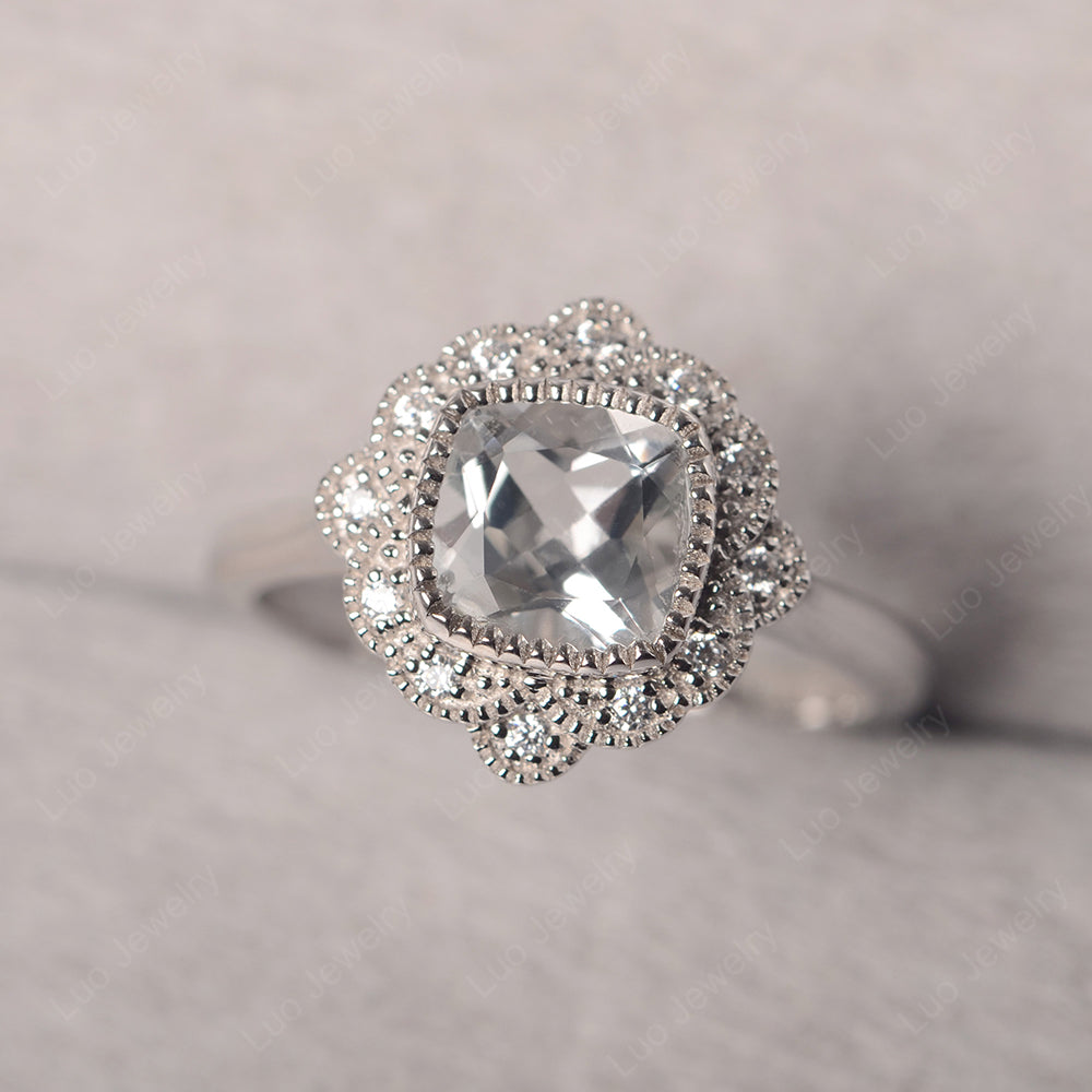 Cushion Cut Flower White Topaz Ring Bezel Set - LUO Jewelry