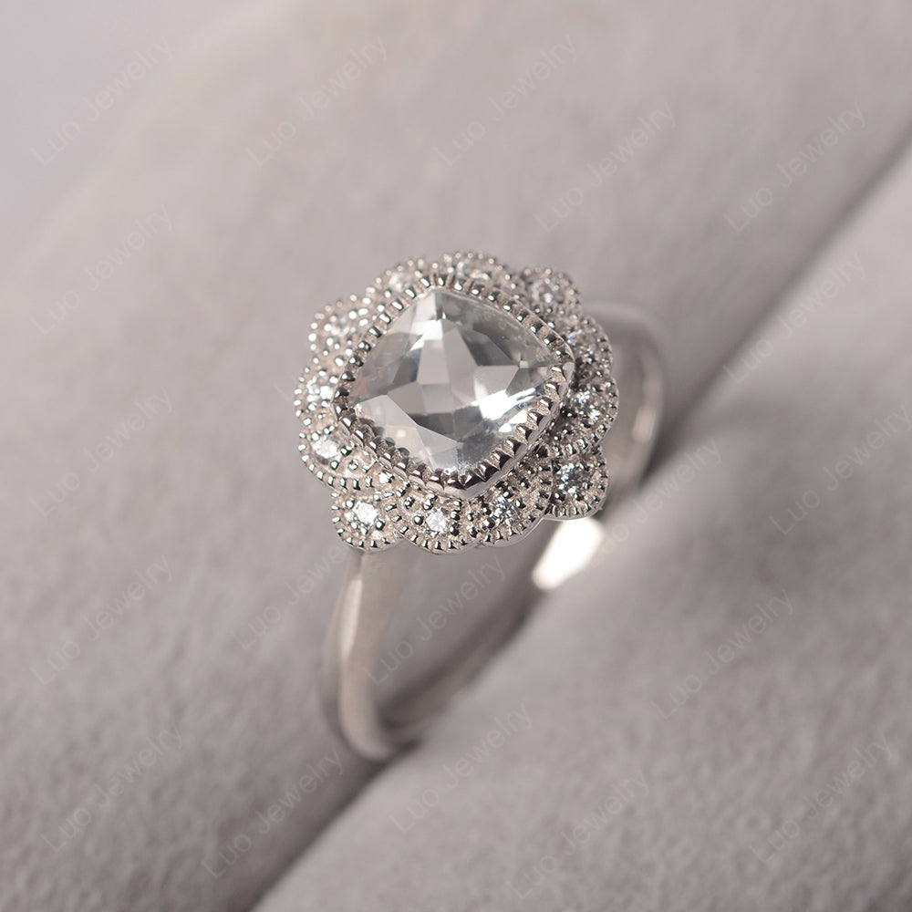 Cushion Cut Flower White Topaz Ring Bezel Set - LUO Jewelry