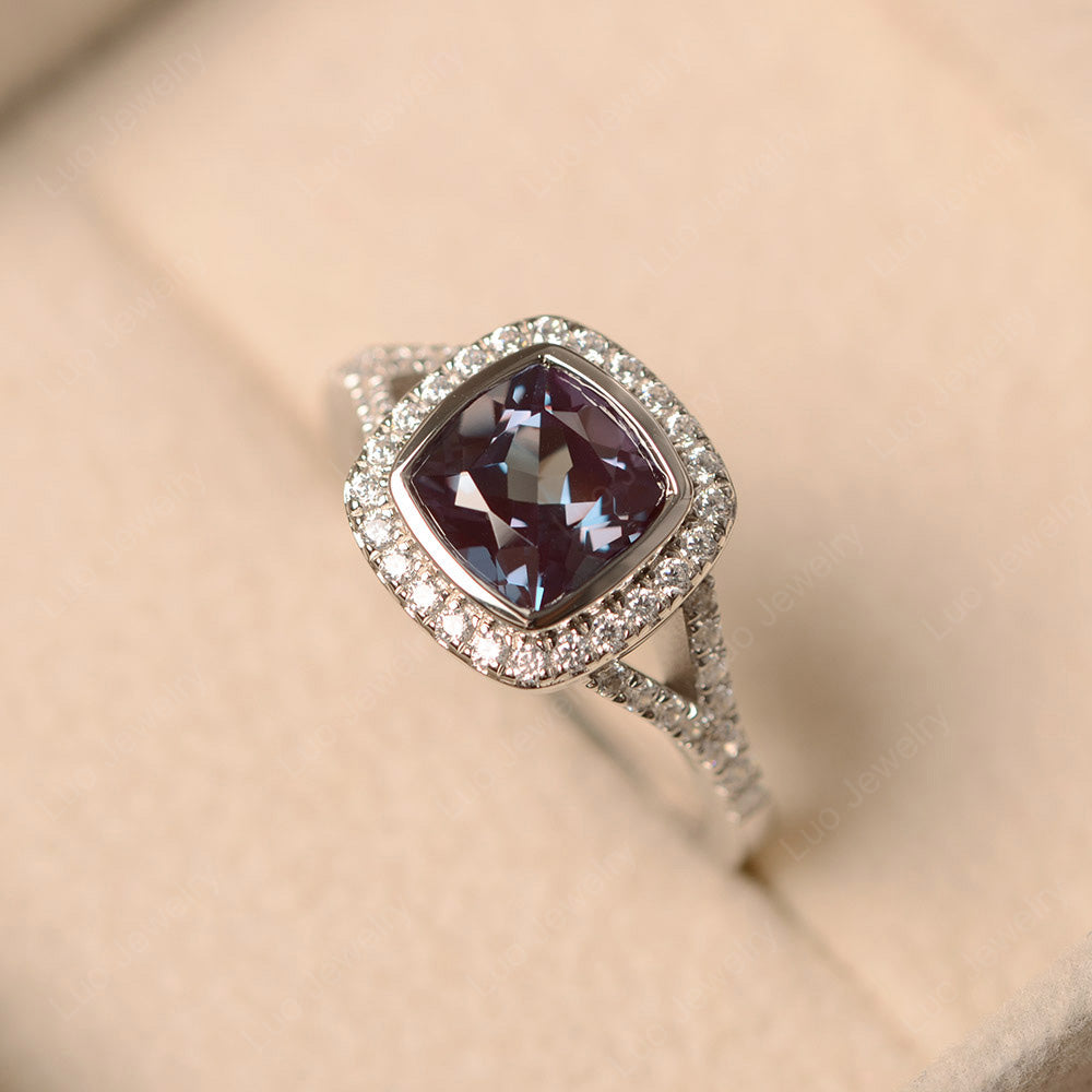 Cushion Cut Alexandrite Halo Bezel Set Ring - LUO Jewelry