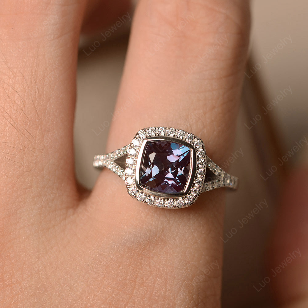 Cushion Cut Alexandrite Halo Bezel Set Ring - LUO Jewelry