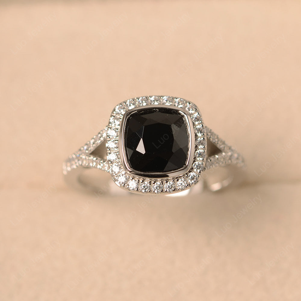 Cushion Cut Black Spinel Halo Bezel Set Ring - LUO Jewelry