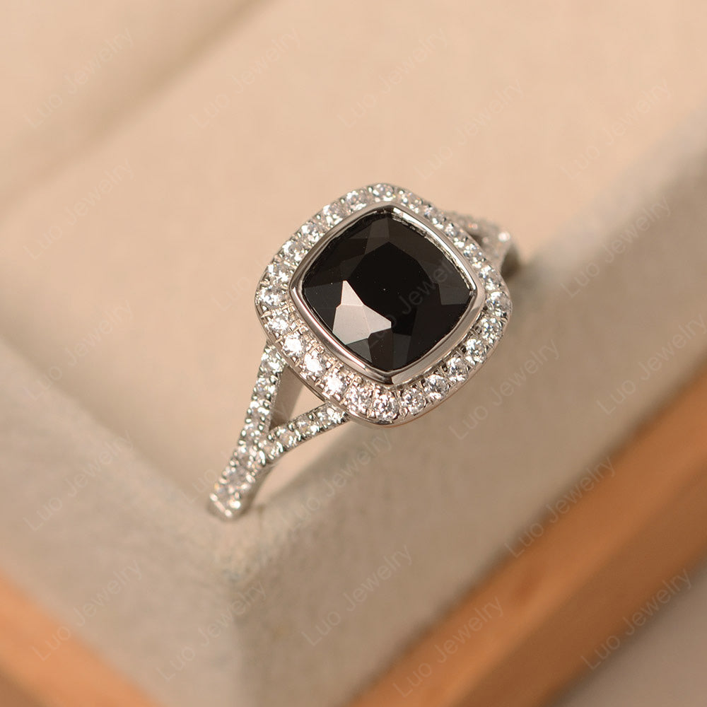 Cushion Cut Black Spinel Halo Bezel Set Ring - LUO Jewelry