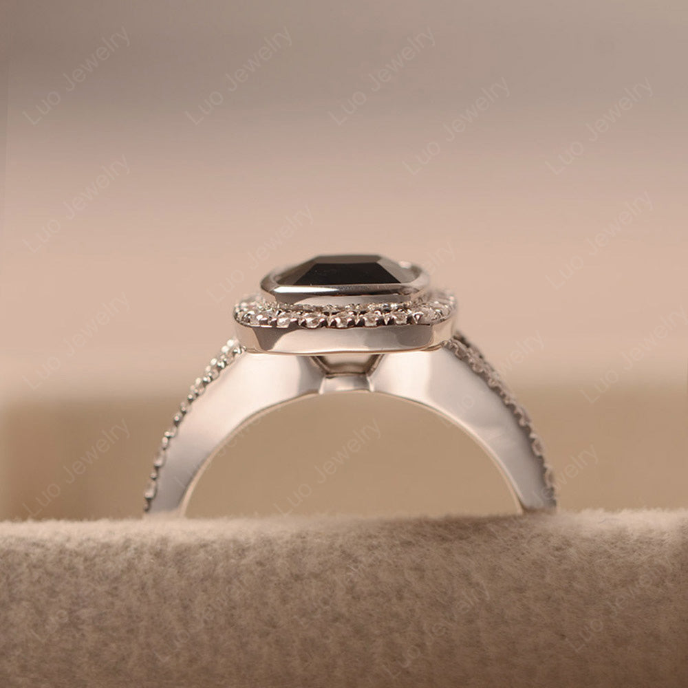 Cushion Cut Black Spinel Halo Bezel Set Ring - LUO Jewelry