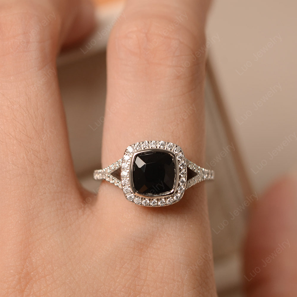 Cushion Cut Black Spinel Halo Bezel Set Ring - LUO Jewelry