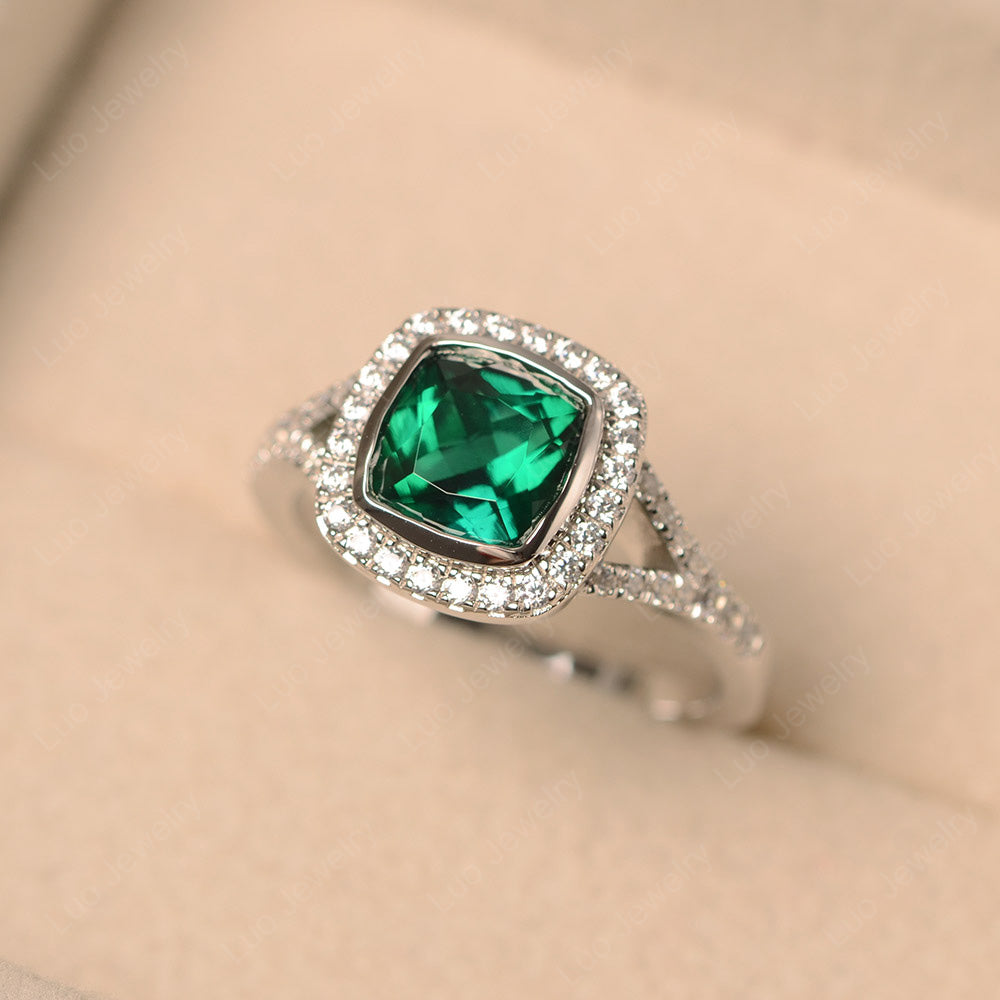 Cushion Cut Lab Emerald Halo Bezel Set Ring - LUO Jewelry