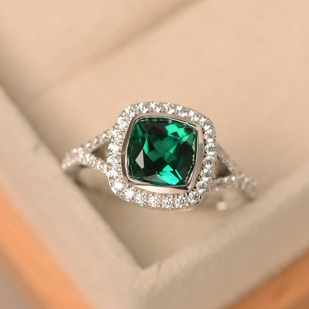 Cushion Cut Lab Emerald Halo Bezel Set Ring - LUO Jewelry