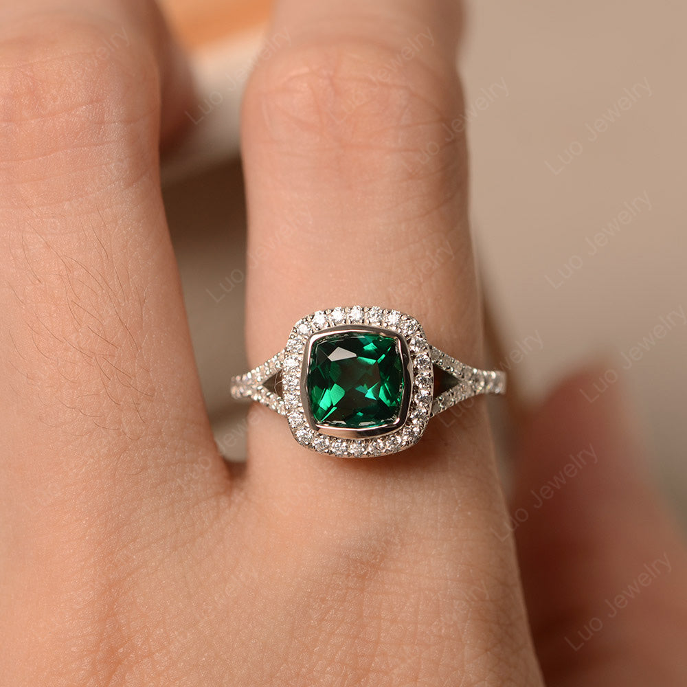 Cushion Cut Lab Emerald Halo Bezel Set Ring - LUO Jewelry
