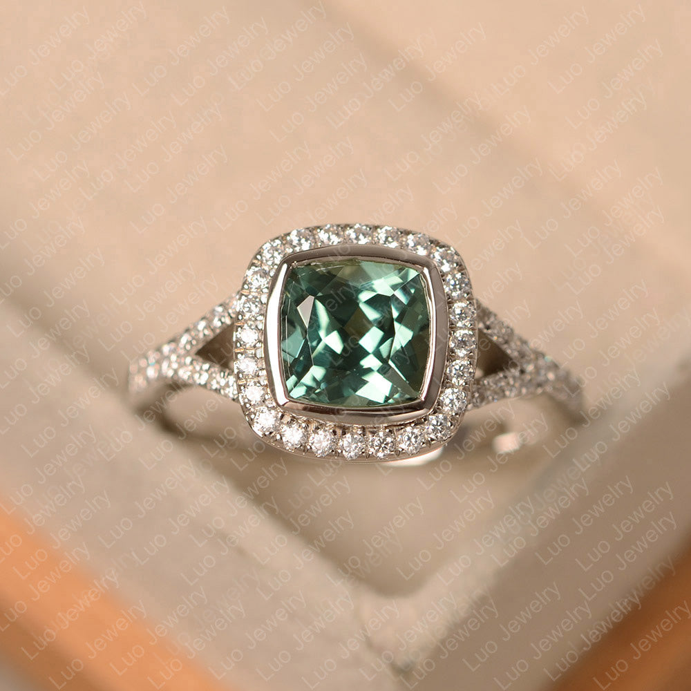 Cushion Cut Green Sapphire Halo Bezel Set Ring - LUO Jewelry