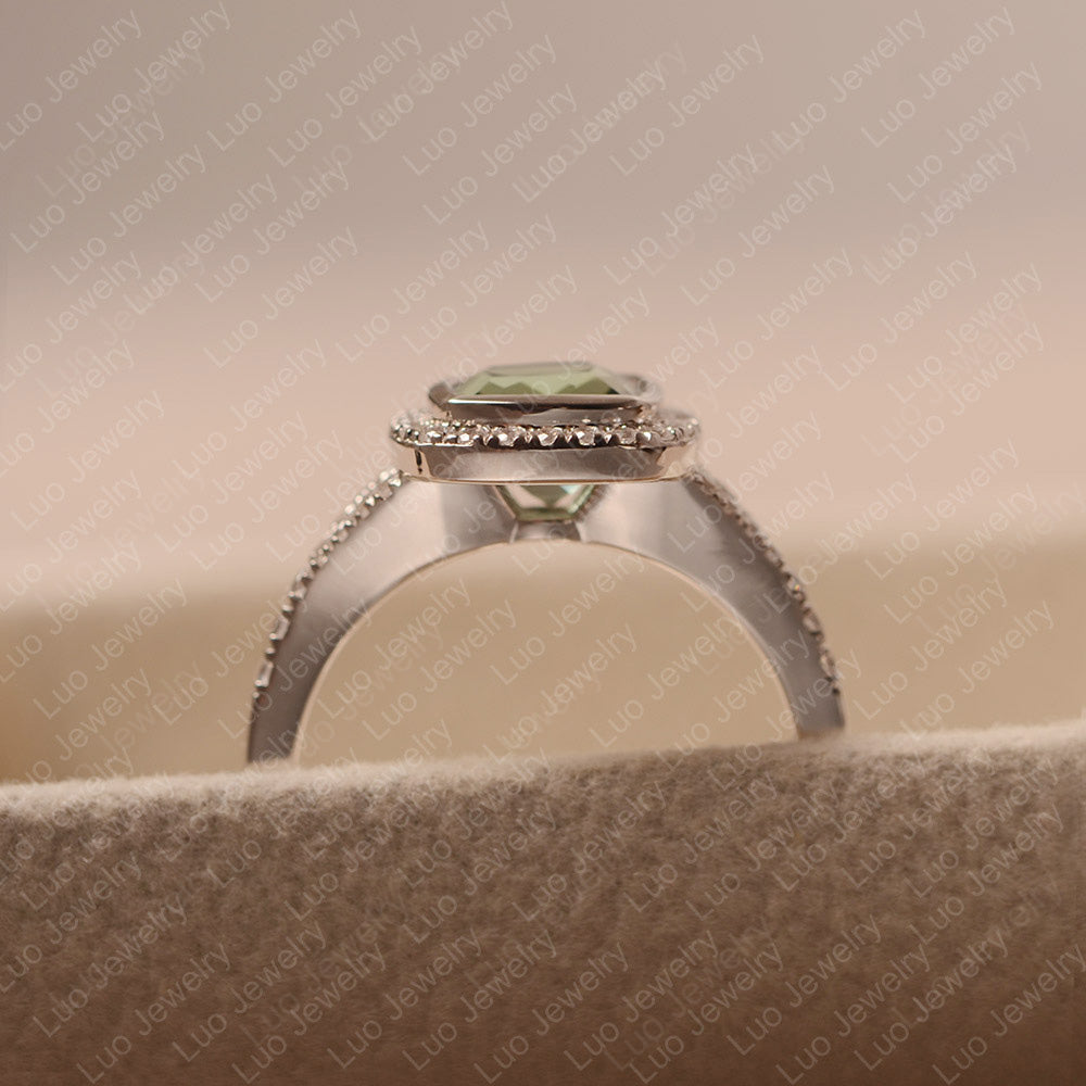 Cushion Cut Green Sapphire Halo Bezel Set Ring - LUO Jewelry