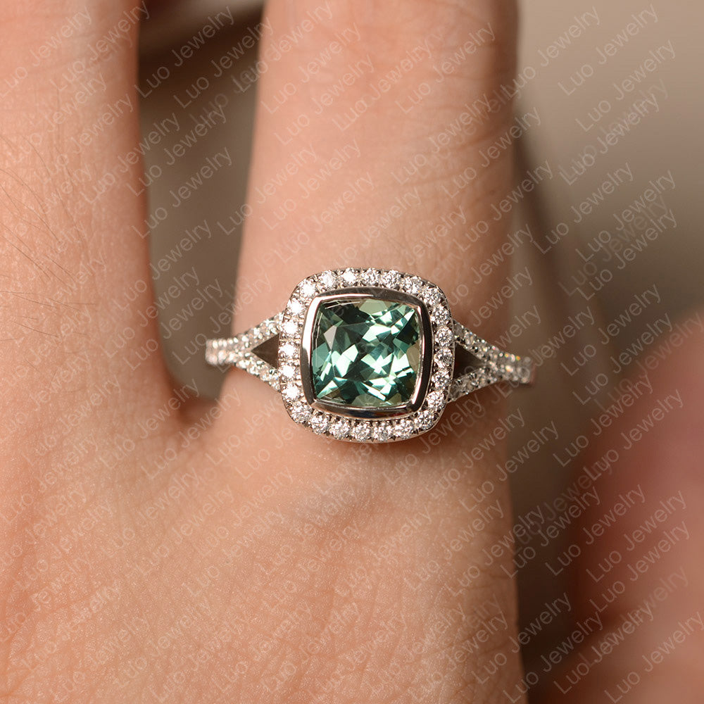 Cushion Cut Green Sapphire Halo Bezel Set Ring - LUO Jewelry