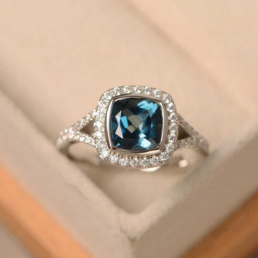 Cushion Cut London Blue Topaz Halo Bezel Set Ring - LUO Jewelry