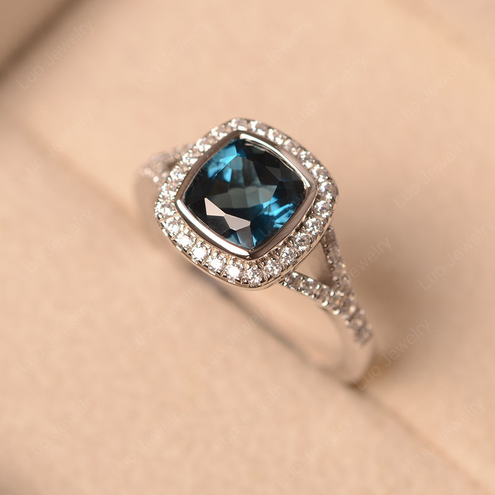 Cushion Cut London Blue Topaz Halo Bezel Set Ring - LUO Jewelry