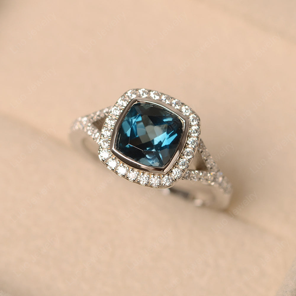Cushion Cut London Blue Topaz Halo Bezel Set Ring - LUO Jewelry