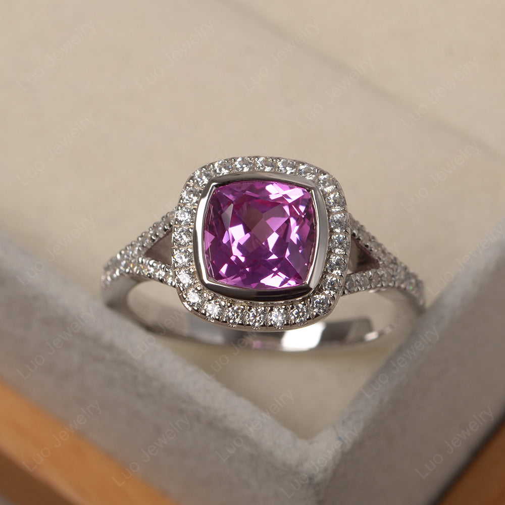 Cushion Cut Pink Sapphire Halo Bezel Set Ring - LUO Jewelry