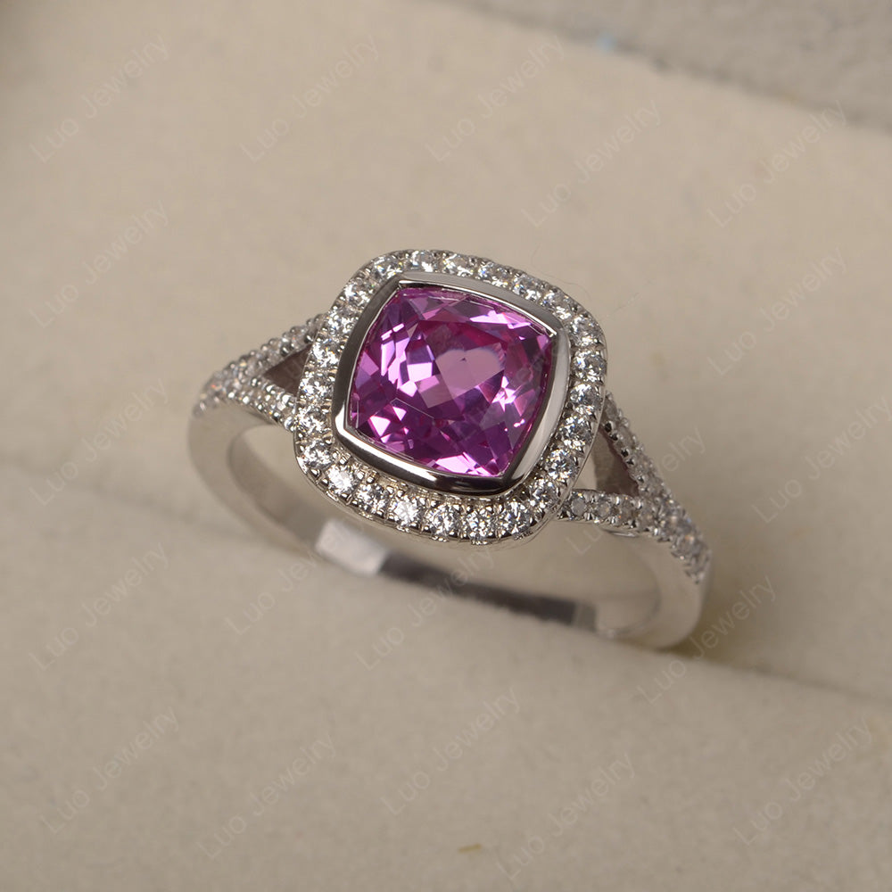 Cushion Cut Pink Sapphire Halo Bezel Set Ring - LUO Jewelry