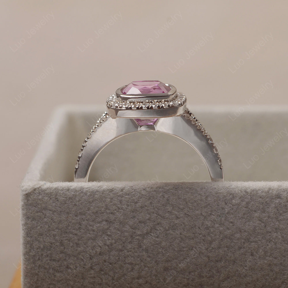 Cushion Cut Pink Sapphire Halo Bezel Set Ring - LUO Jewelry