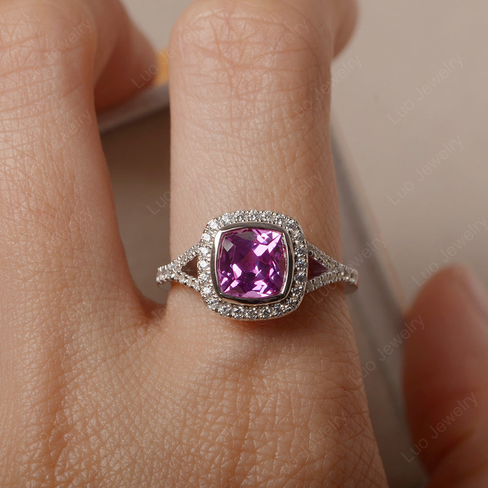 Cushion Cut Pink Sapphire Halo Bezel Set Ring - LUO Jewelry