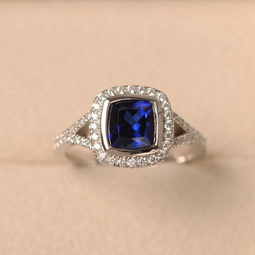 Cushion Cut Lab Sapphire Halo Bezel Set Ring - LUO Jewelry