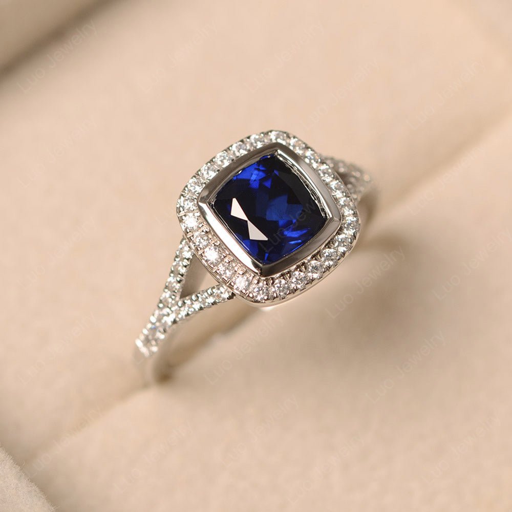 Cushion Cut Lab Sapphire Halo Bezel Set Ring - LUO Jewelry