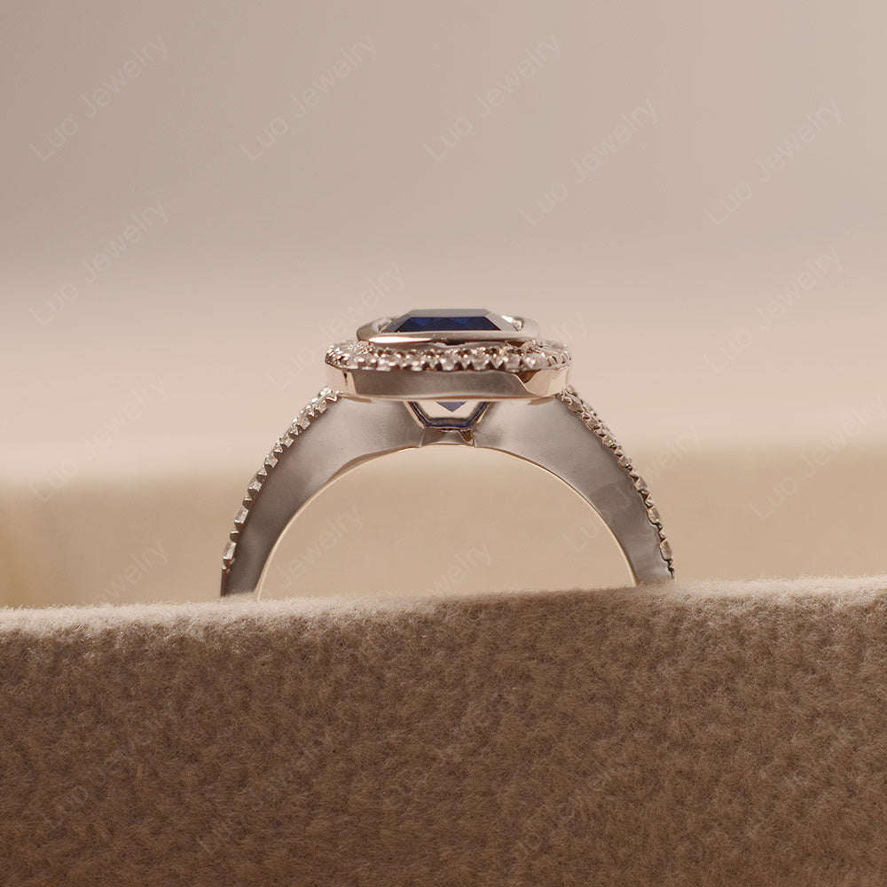 Cushion Cut Lab Sapphire Halo Bezel Set Ring - LUO Jewelry
