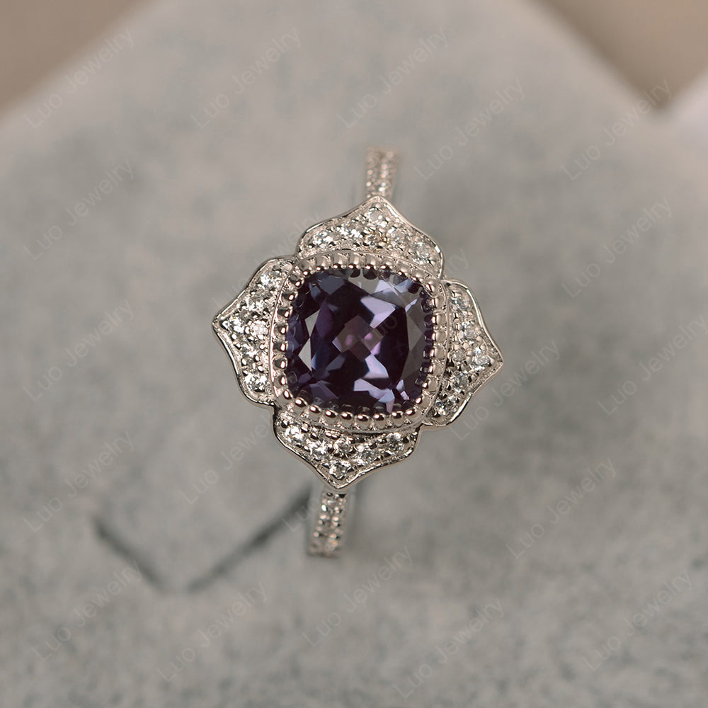 Alexandrite Ring Cushion Cut Bezel Set Halo Ring - LUO Jewelry