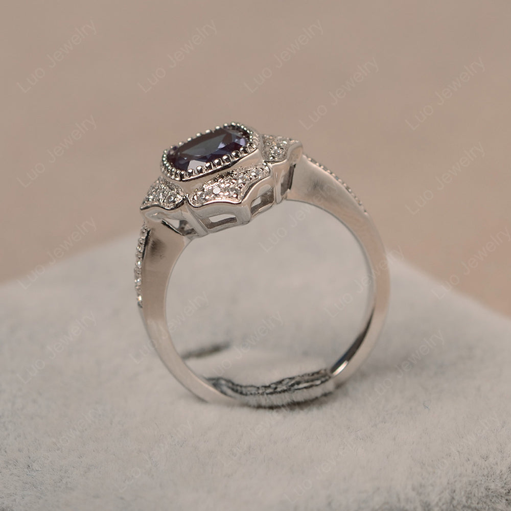 Alexandrite Ring Cushion Cut Bezel Set Halo Ring - LUO Jewelry