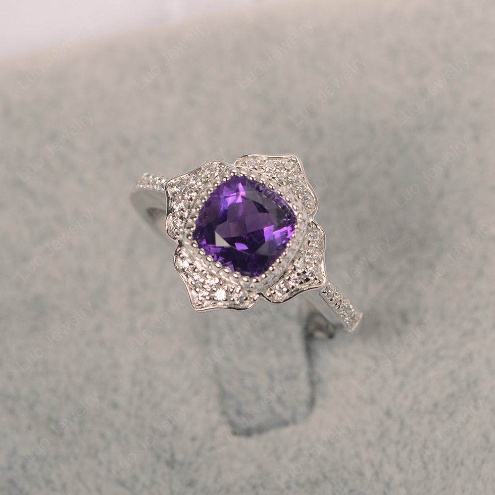 Amethyst Ring Cushion Cut Bezel Set Halo Ring - LUO Jewelry