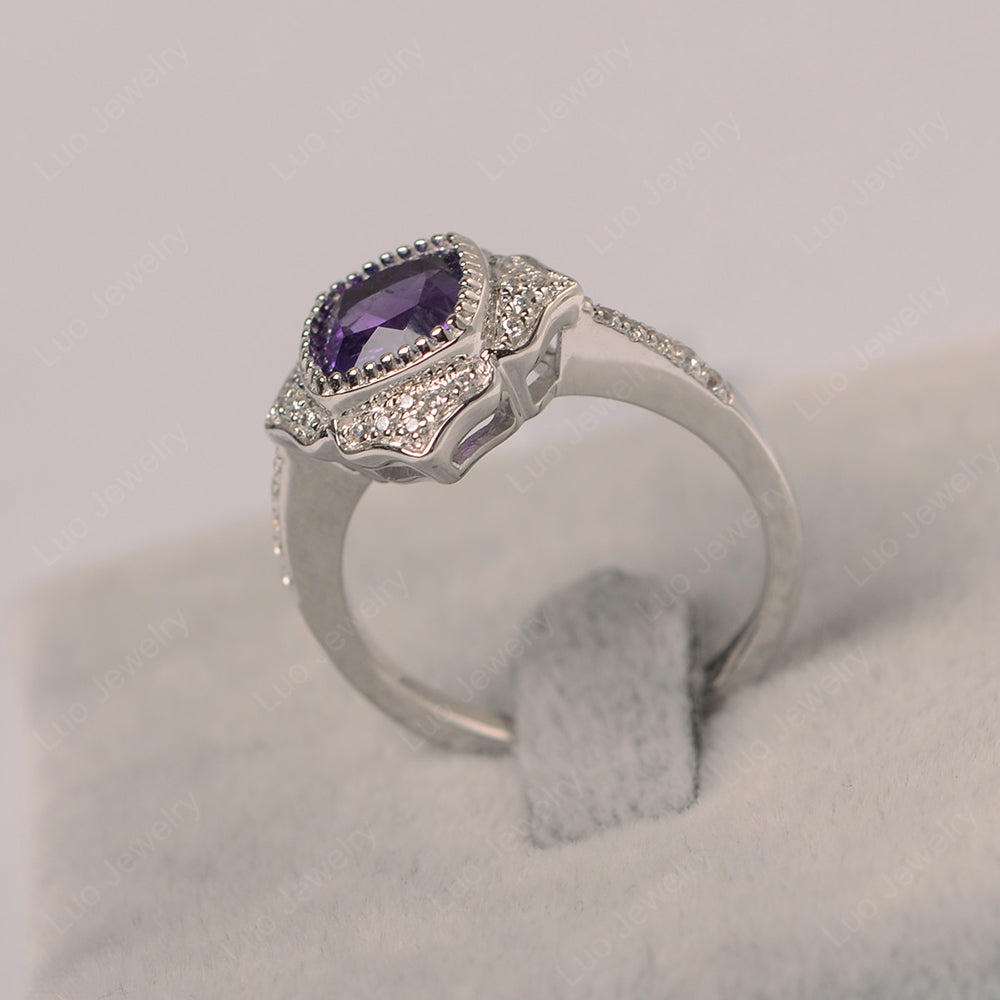 Amethyst Ring Cushion Cut Bezel Set Halo Ring - LUO Jewelry