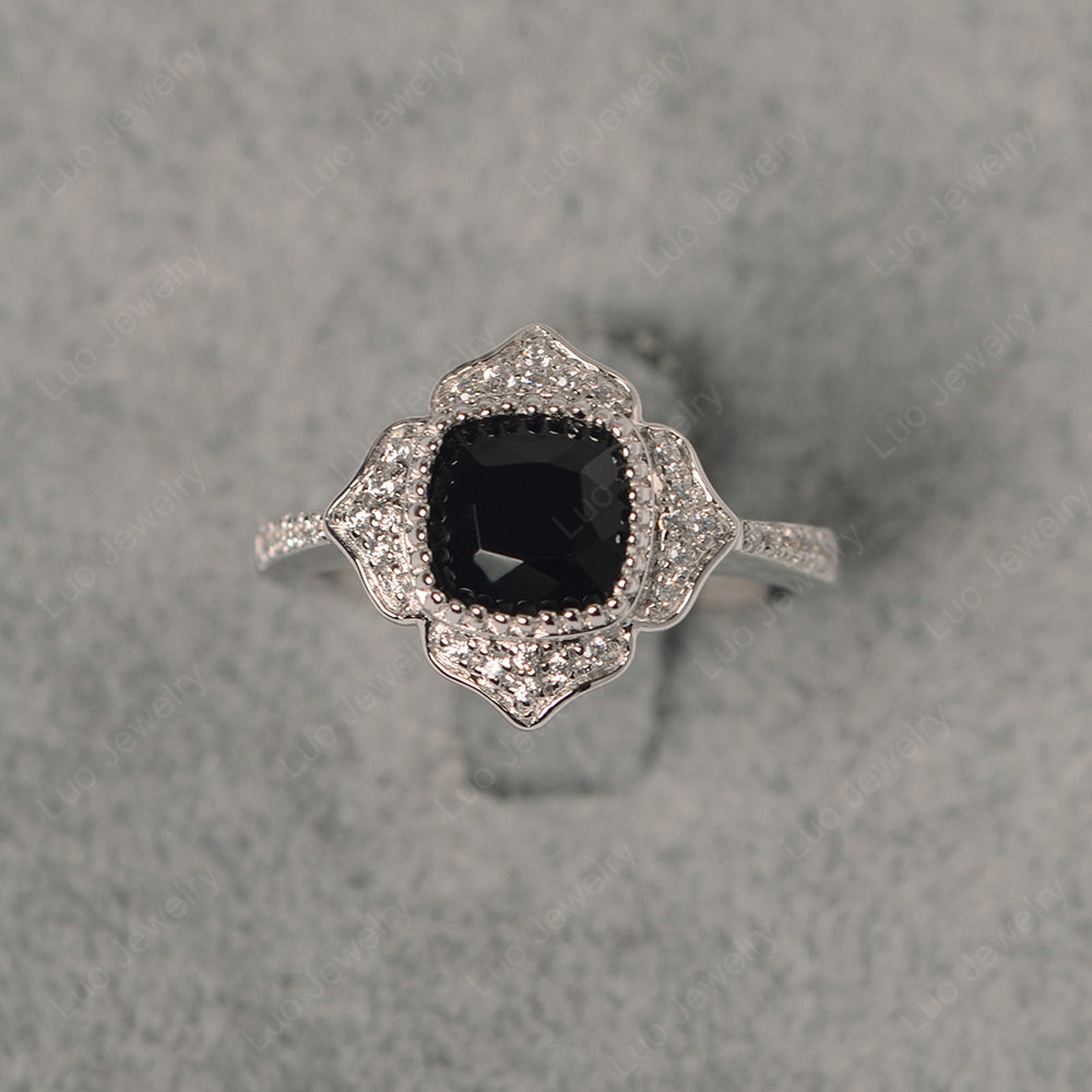 Black Spinel Ring Cushion Cut Bezel Set Halo Ring - LUO Jewelry