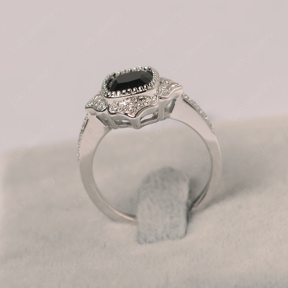Black Spinel Ring Cushion Cut Bezel Set Halo Ring - LUO Jewelry