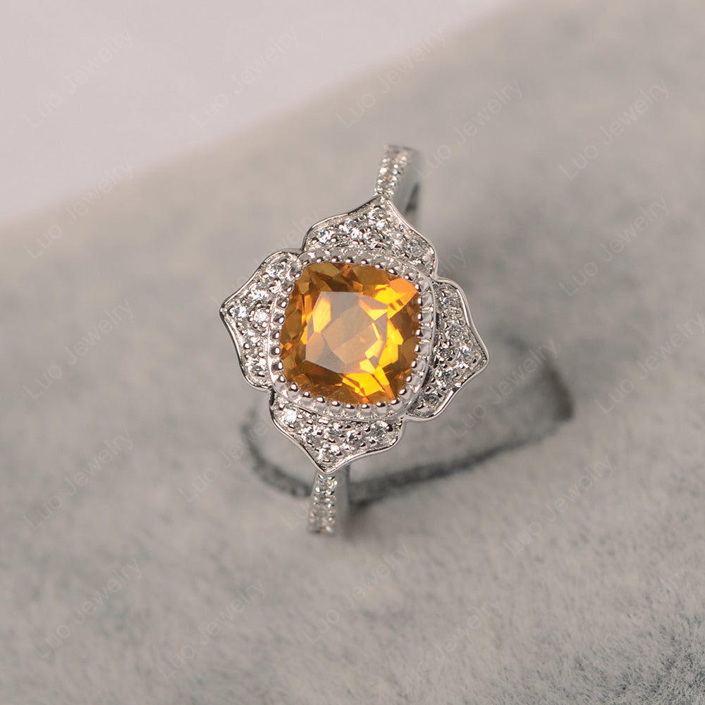 Citrine Ring Cushion Cut Bezel Set Halo Ring - LUO Jewelry