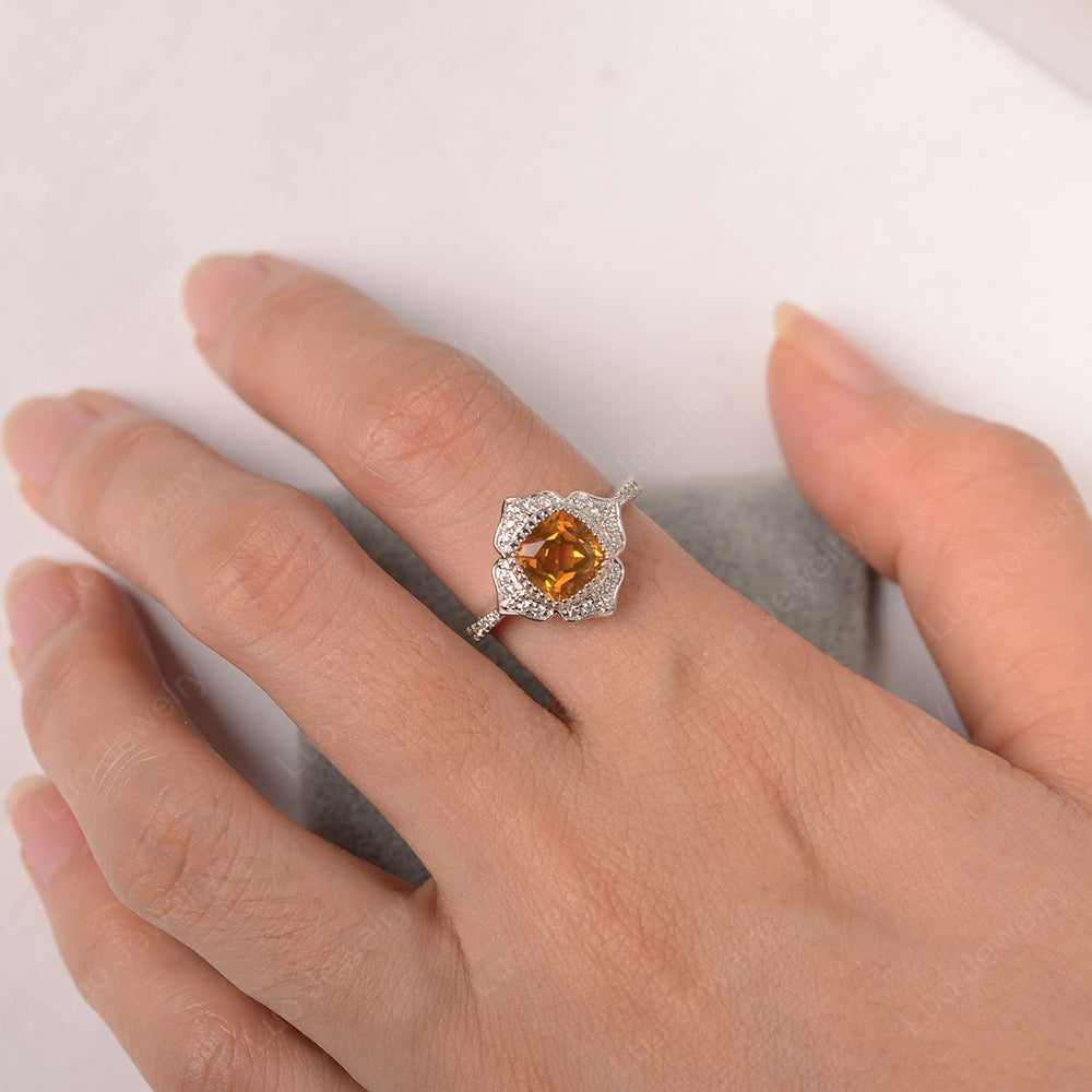 Citrine Ring Cushion Cut Bezel Set Halo Ring - LUO Jewelry