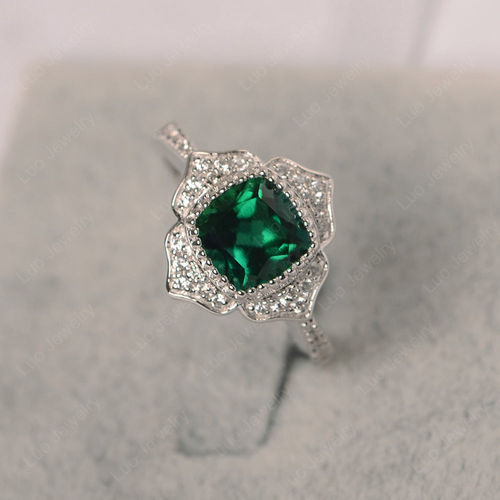 Lab Emerald Ring Cushion Cut Bezel Set Halo Ring - LUO Jewelry