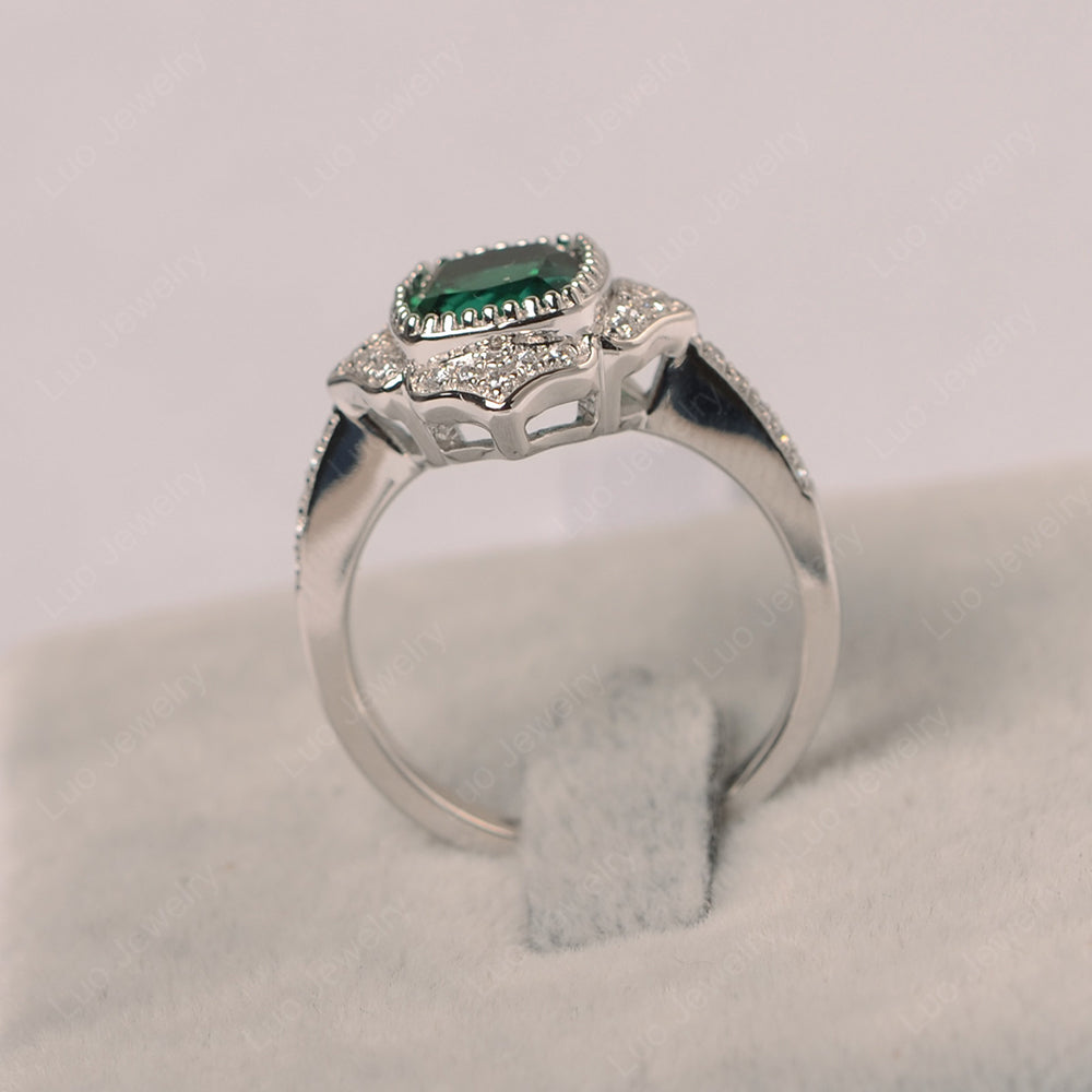 Lab Emerald Ring Cushion Cut Bezel Set Halo Ring - LUO Jewelry