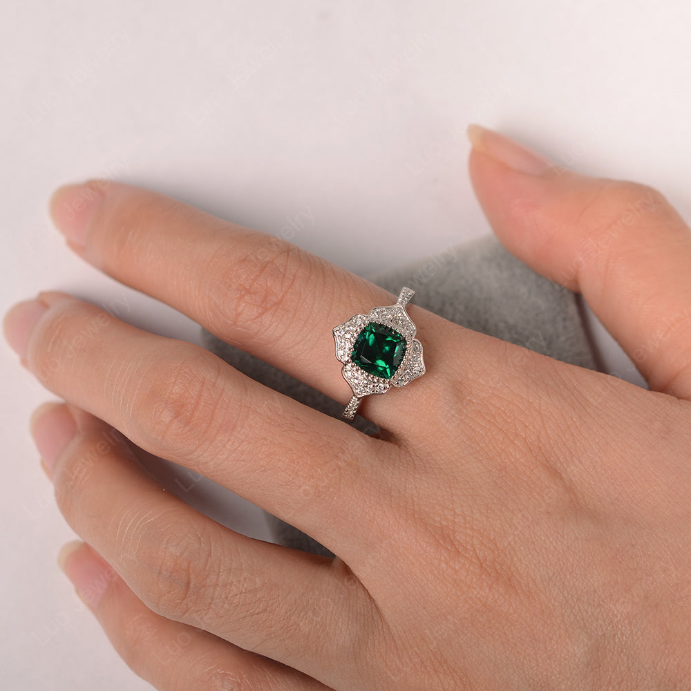 Lab Emerald Ring Cushion Cut Bezel Set Halo Ring - LUO Jewelry