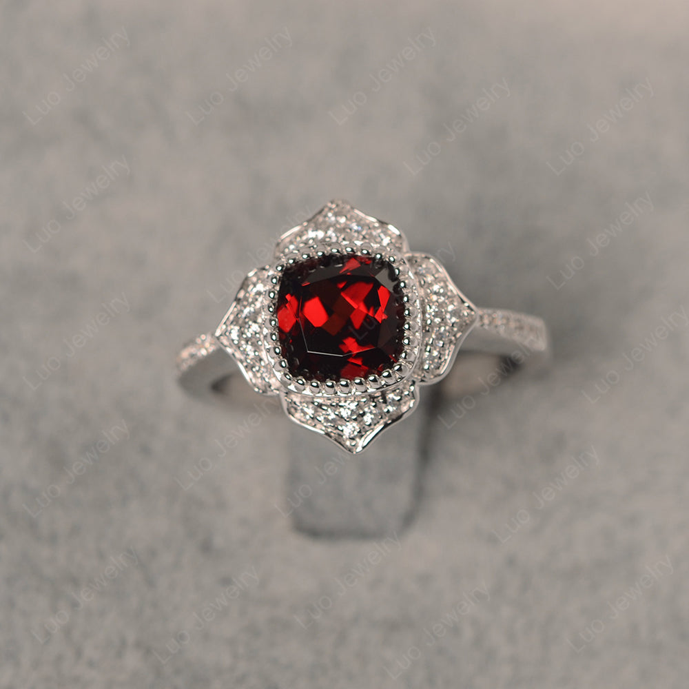 Garnet Ring Cushion Cut Bezel Set Halo Ring - LUO Jewelry