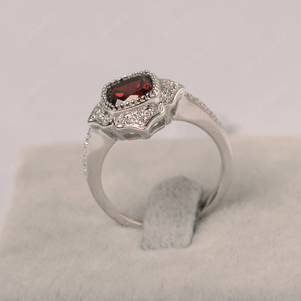 Garnet Ring Cushion Cut Bezel Set Halo Ring - LUO Jewelry
