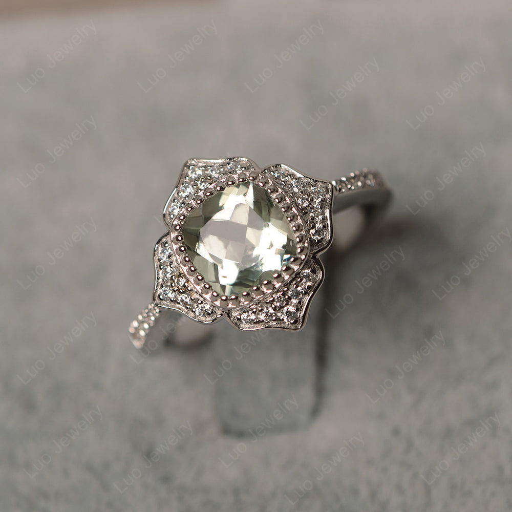 Green Amethyst Ring Cushion Cut Bezel Set Halo Ring - LUO Jewelry