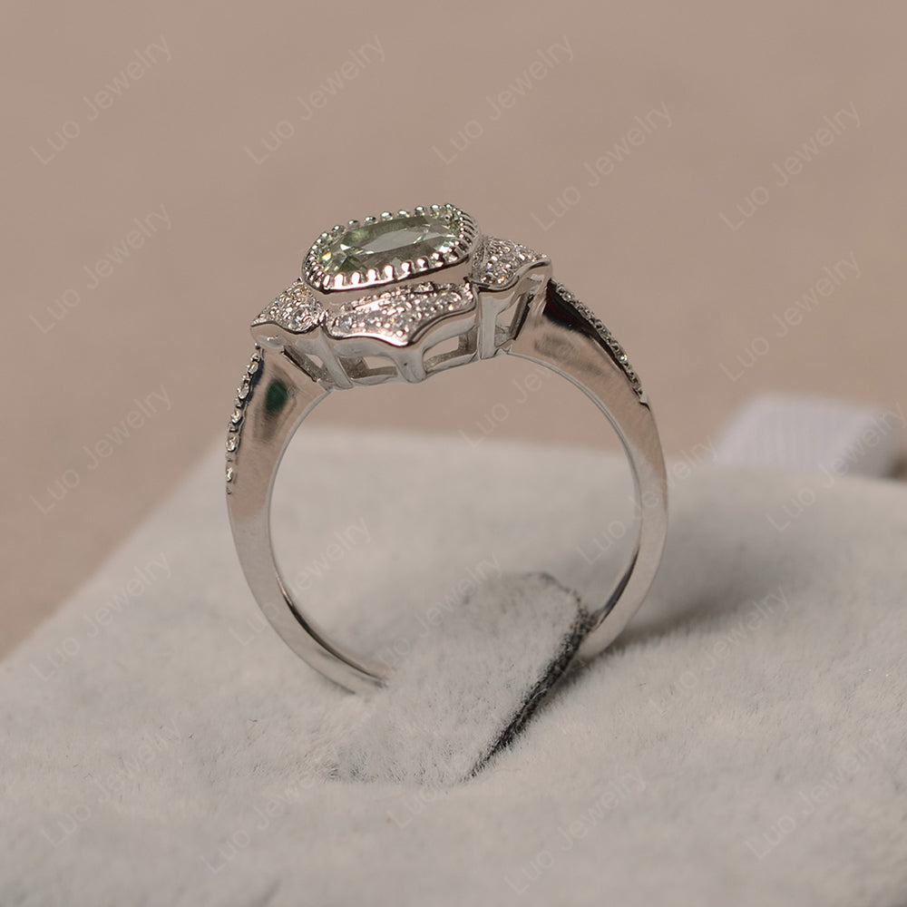 Green Amethyst Ring Cushion Cut Bezel Set Halo Ring - LUO Jewelry