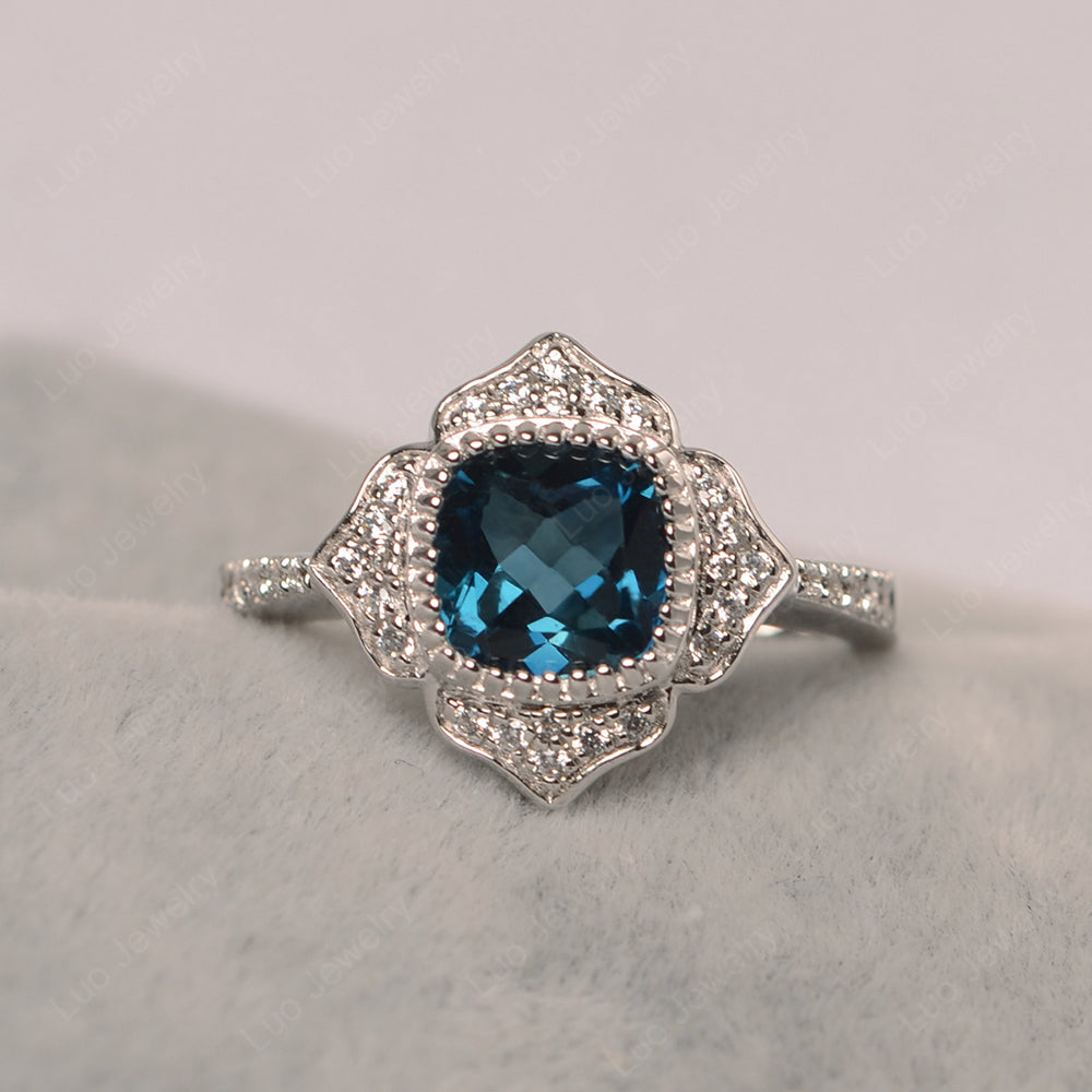 London Blue Topaz Ring Cushion Cut Bezel Set Halo Ring - LUO Jewelry