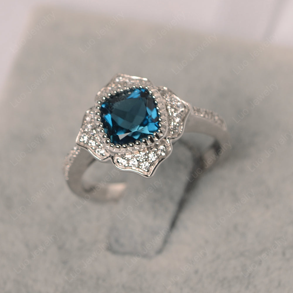 London Blue Topaz Ring Cushion Cut Bezel Set Halo Ring - LUO Jewelry