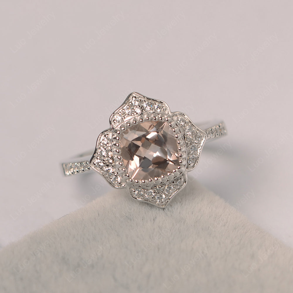 Morganite Ring Cushion Cut Bezel Set Halo Ring - LUO Jewelry